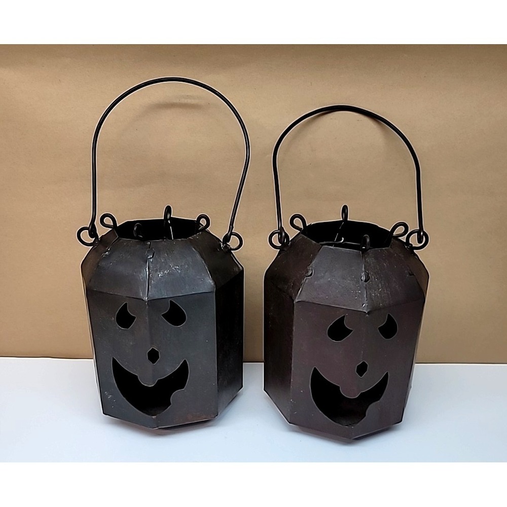 Set of 2 6" Hanging Iron Rustic Metal Jack-O-Lanterns-Tea Light/Votive Holder